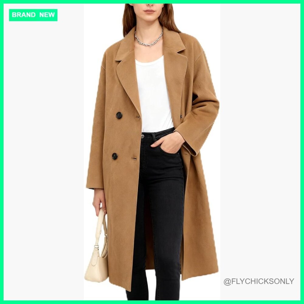 Wool Blend Pea Coat, Double Breasted Trench with Notched Lapel